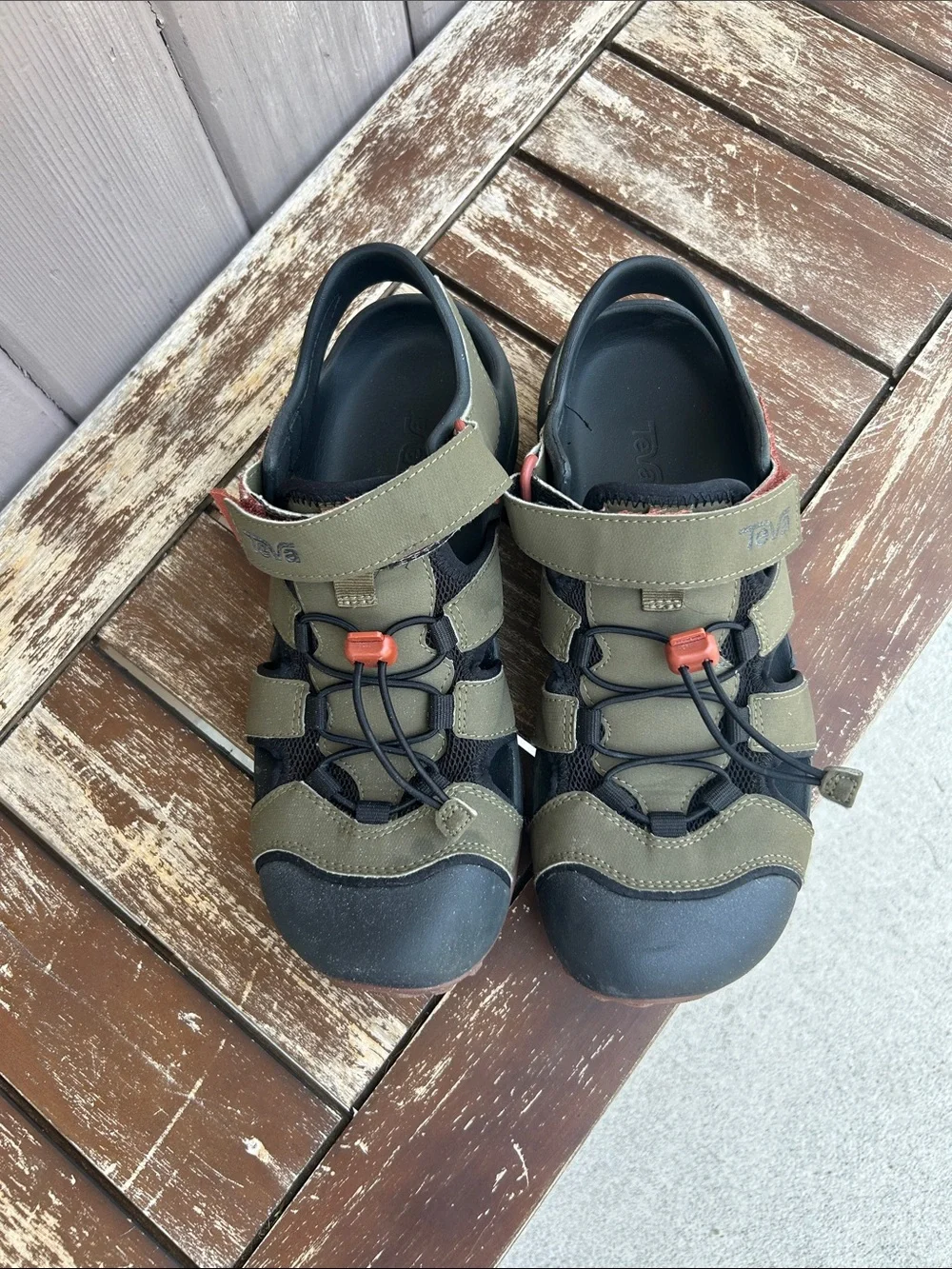 Teva Mens Olive Green and Black Outdoor Sandals with Orange Accents size 8